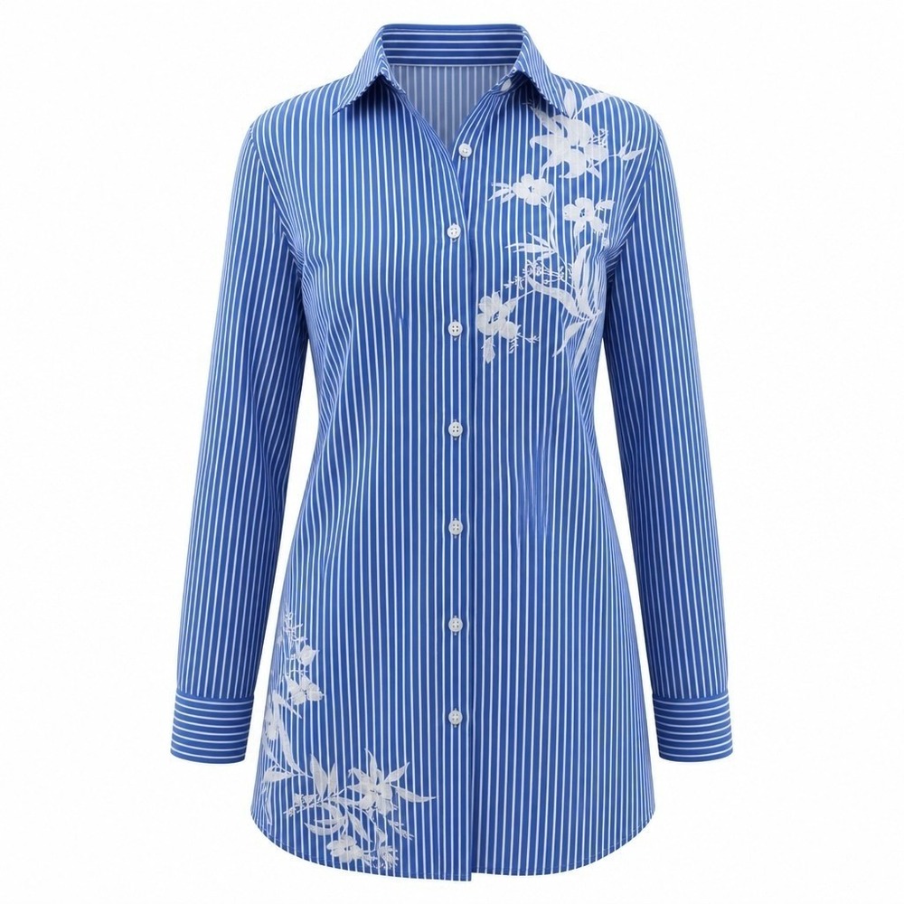 Chicos No Iron Stretch Stripe Embroidered Tunic Blue White Floral Sz 1‎ Womens 8